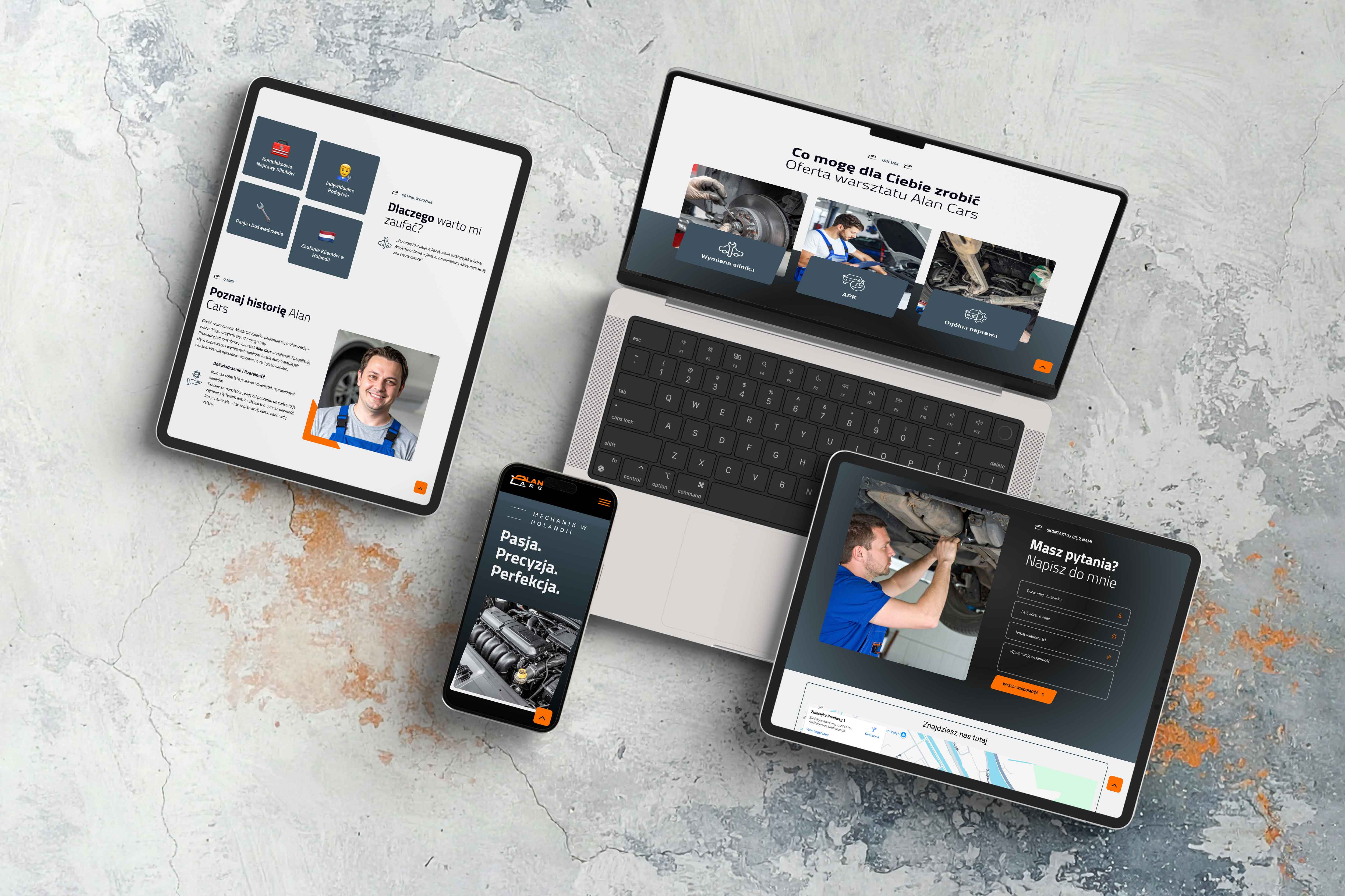 Responsive web design mockup for Alan Cars, showing mobile, tablet (horizontal and vertical), and desktop versions. Background uses brand colors: gray, blue, and orange.