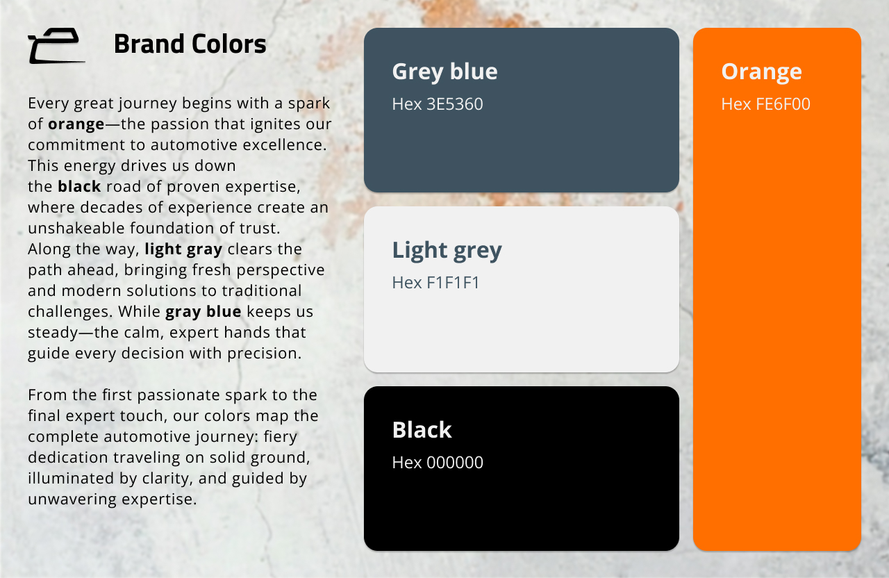 Visual representation of Alan Cars’ brand colors: orange for passion, black for expertise, light gray for clarity, and gray-blue for precision.