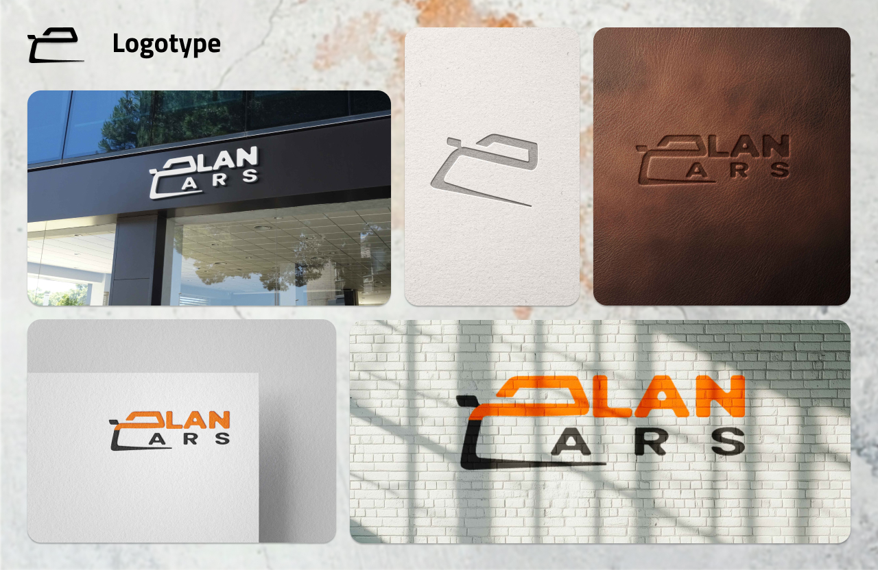 Alan Cars logo displayed across different applications: shop signage, paper, leather, business card, and mural.