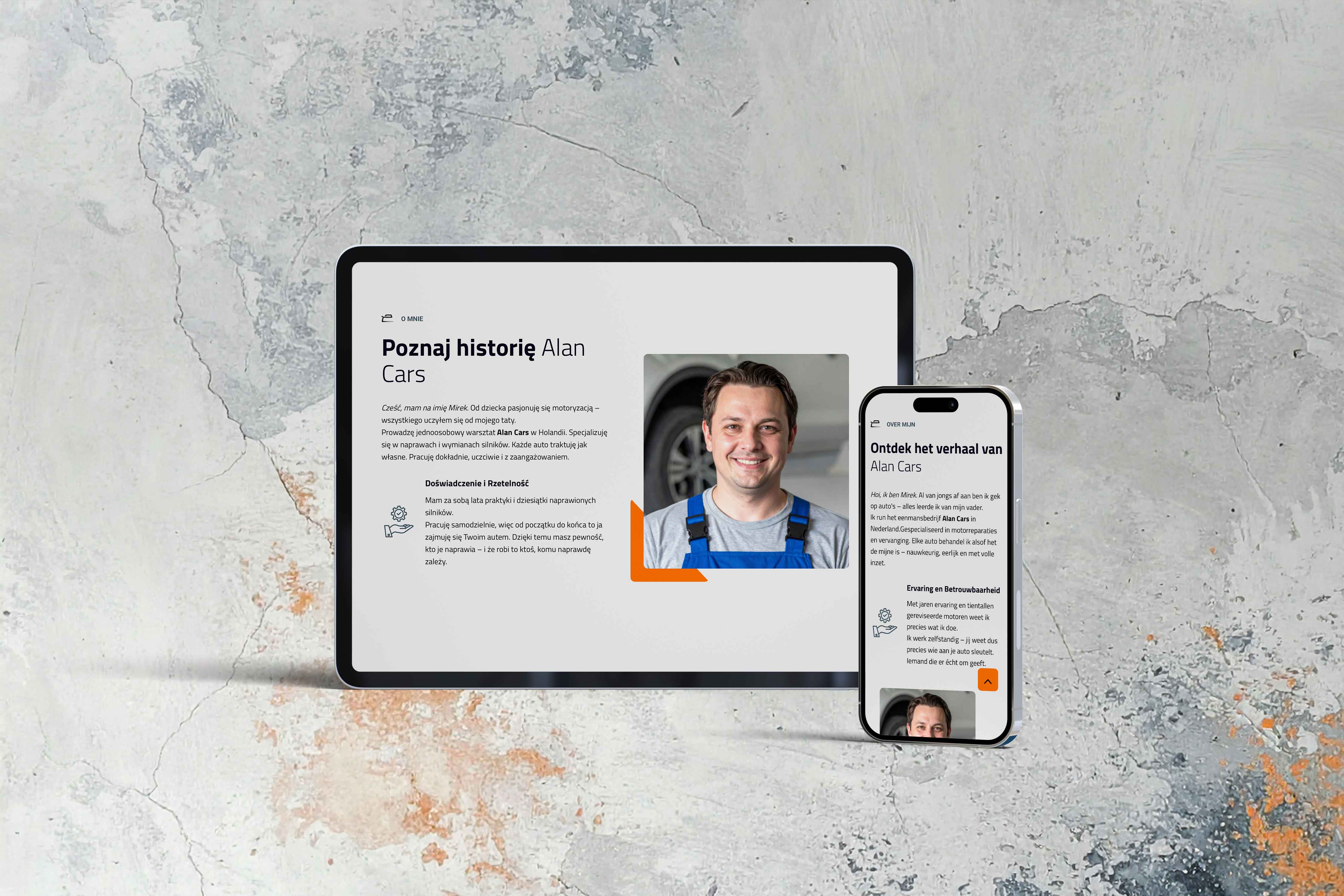 Tablet and mobile views of the About Me page for Alan Cars, displayed against a background using the brand's gray, blue, and orange color palette.