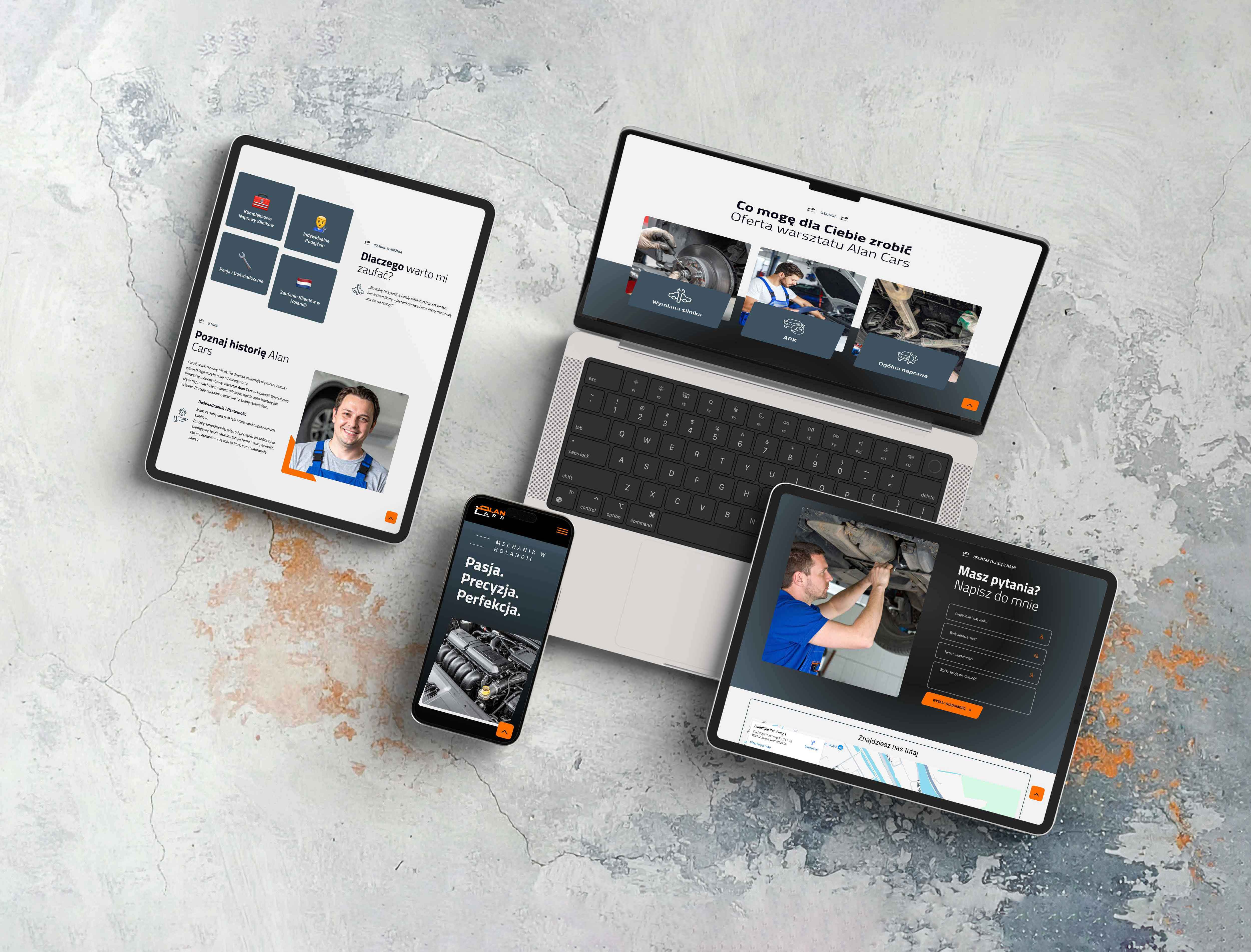 Mechanic practice website mockup displayed across four breakpoints: laptop, tablet (horizontal and vertical orientations), and mobile. Background features concrete texture with blue and orange accent colors.