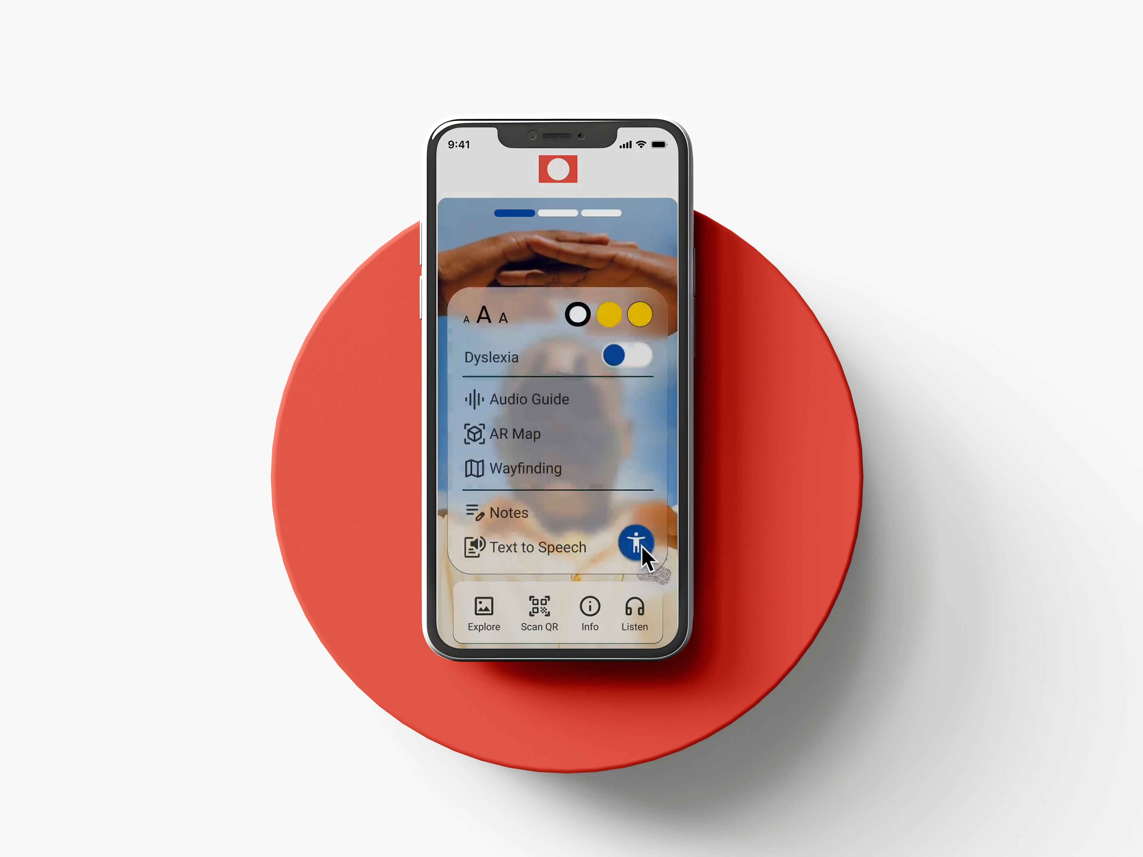 Museum website redesign mockup highlighting the accessibility menu accessed via a floating button. Mobile device is positioned on an orange/red circular stand.