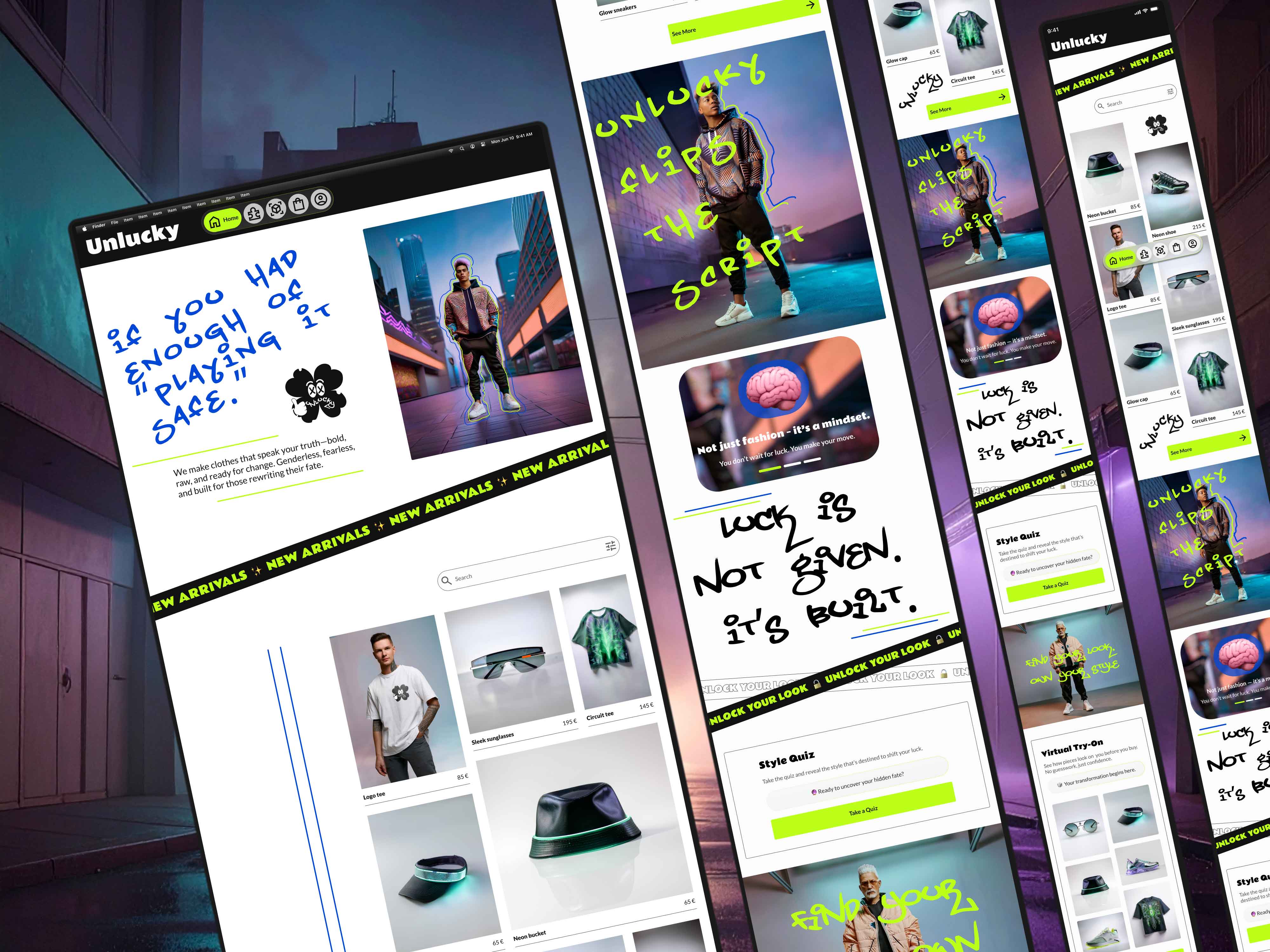 Responsive design mockup for 'Unlucky' e-commerce site displayed across three breakpoints: desktop, tablet, and mobile. Background features a nighttime cityscape in vibrant blue and purple tones.