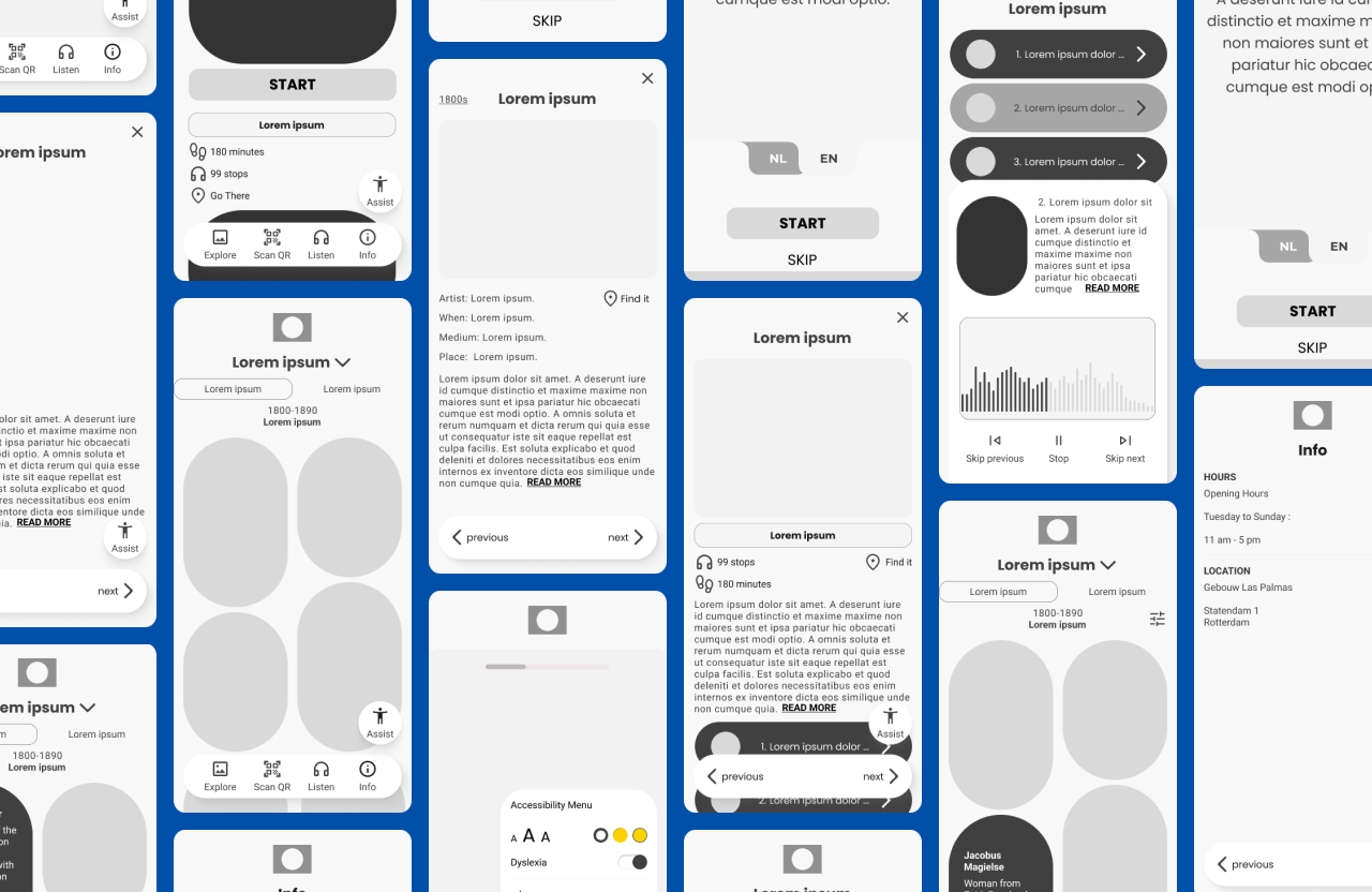 Prototype of low-fidelity wireframes for the accessibility-focused museum app.