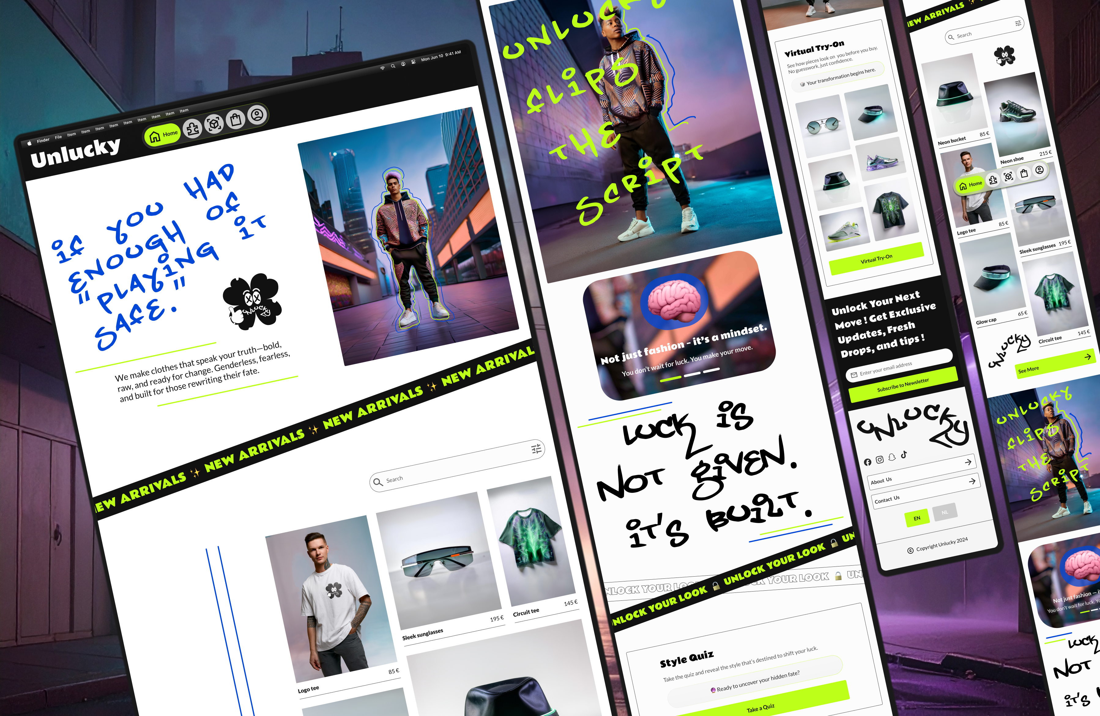 Responsive design mockup for 'Unlucky' e-commerce site displayed across three breakpoints: desktop, tablet, and mobile. The background features a nighttime cityscape in vibrant blue and purple tones.